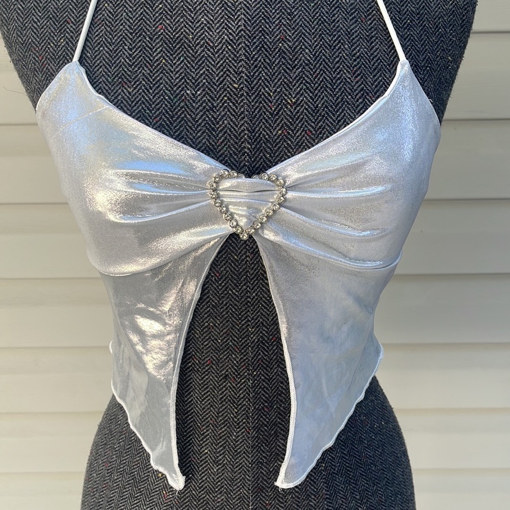 Heart Ring Linked Tie Backless Halter Top Silver Size XS - Picture 4 of 5